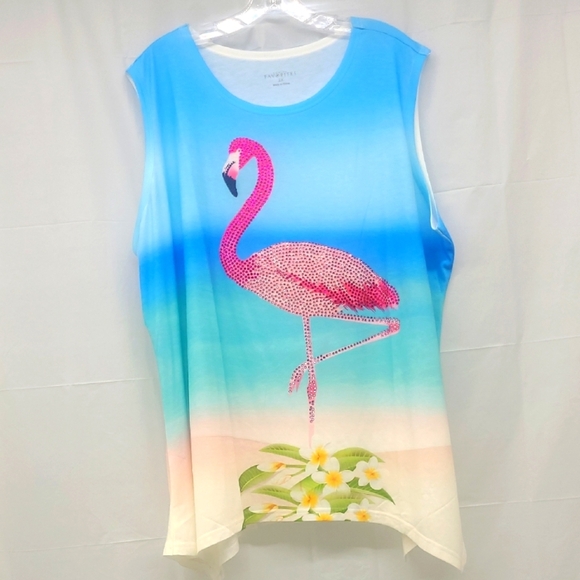 Crystal Beaded Flamingo Print Beach Tank Top Sleeveless Coastal Resort Cruise - Picture 2 of 12